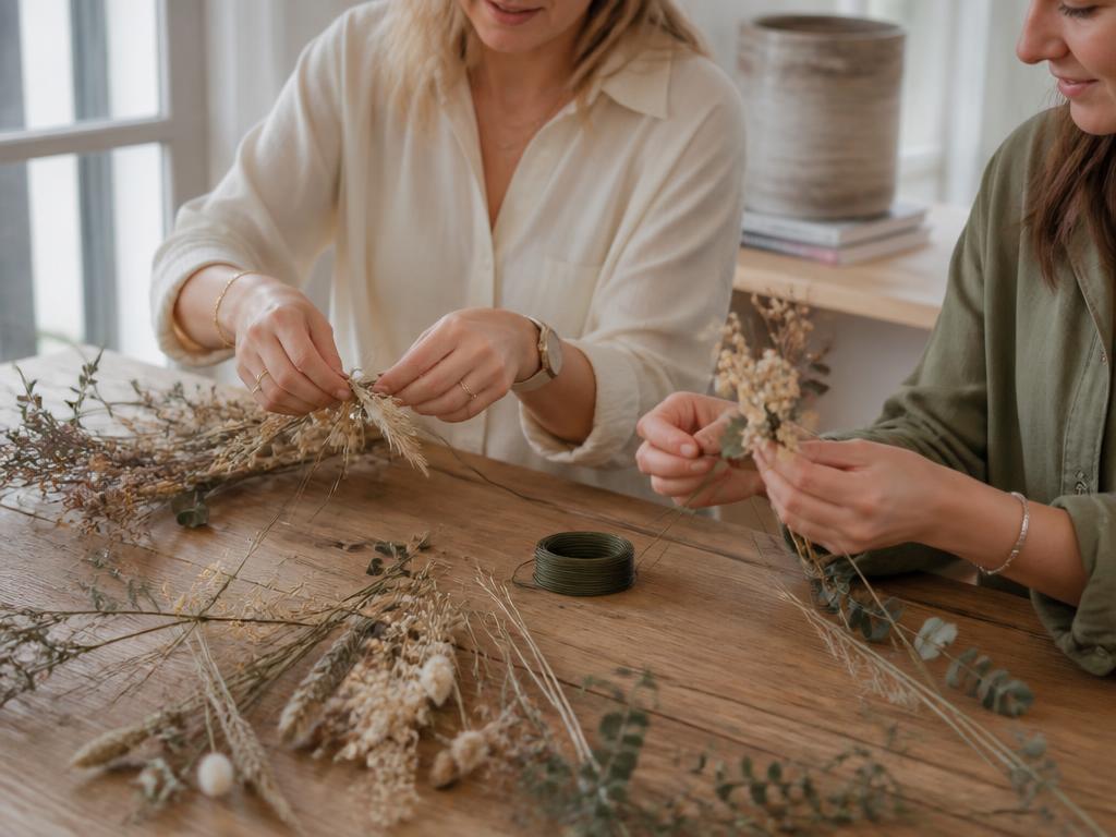 Zwei Frauen beim freien Binden eines Trockenblumen-Kranzes mit Draht